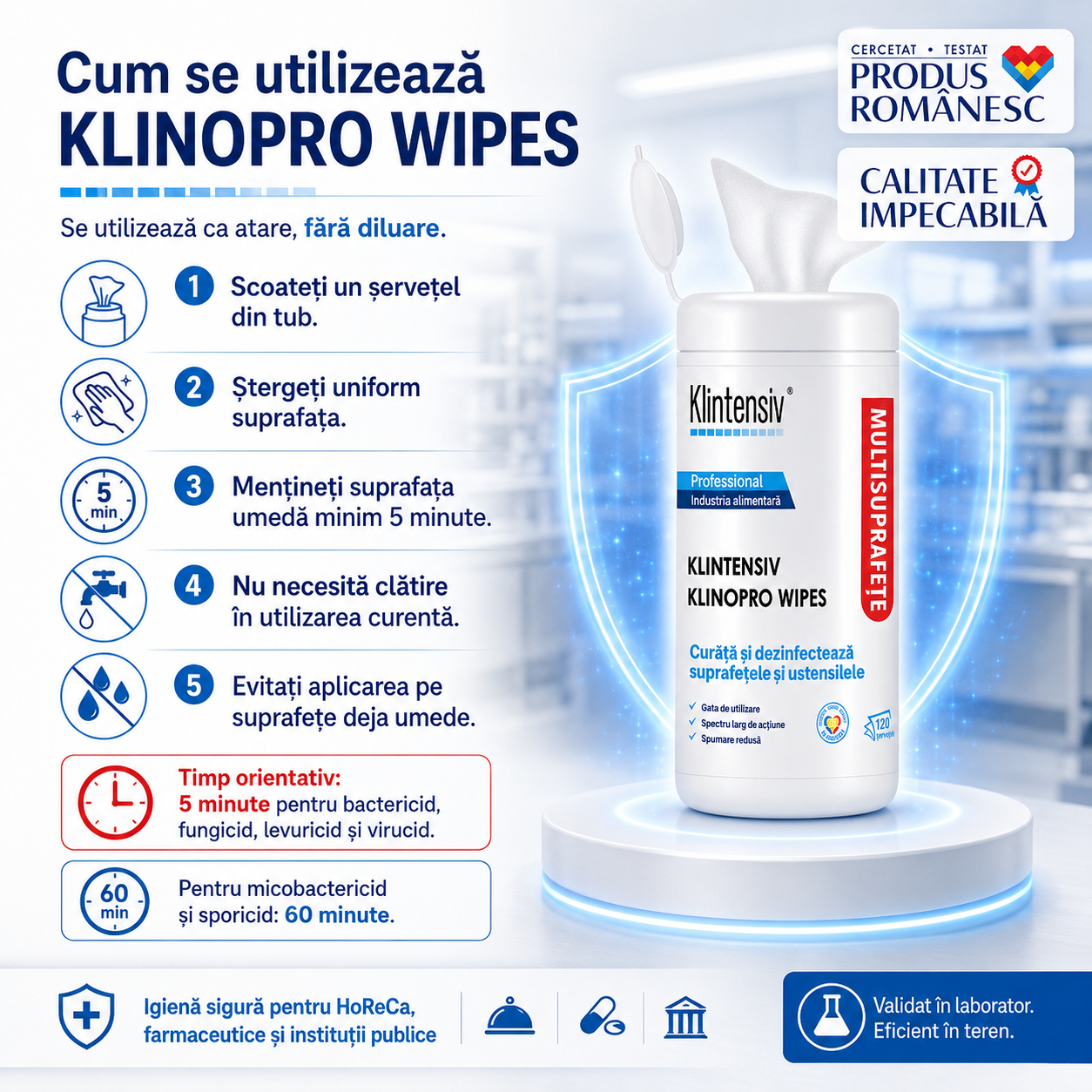 Instrucțiuni utilizare Klinopro Wipes ștergere suprafață timp de contact 5 minute