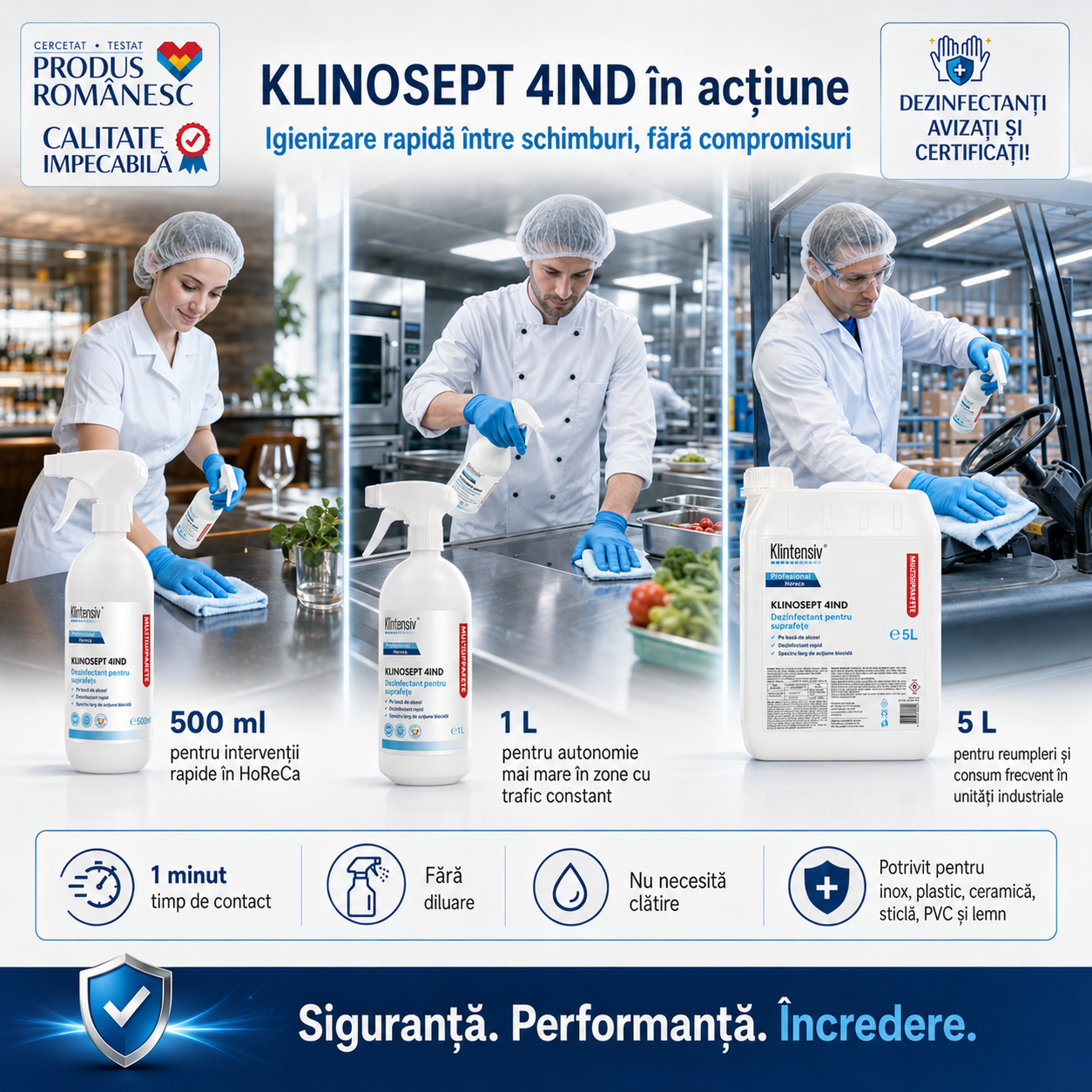 Instrucțiuni utilizare Klinosept 4Ind pulverizare ștergere fără clătire timp de acțiune 1 minut