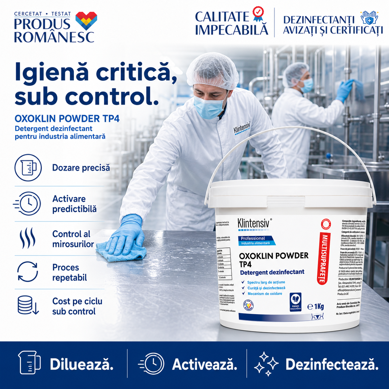 Oxoklin Powder diluții 0,5% 5% pentru pulverizare ștergere și imersie ustensile