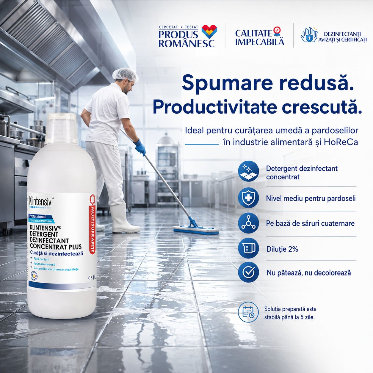 Instrucțiuni utilizare Klintensiv Plus diluție 2% pulverizare ștergere imersie și clătire