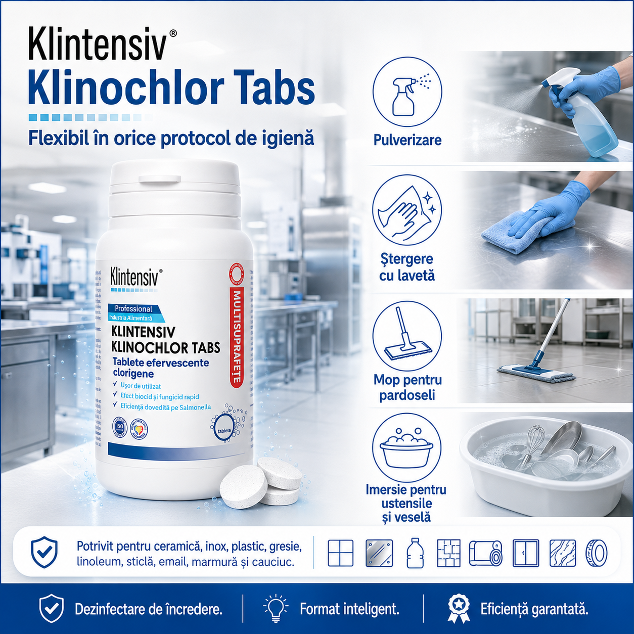 Instrucțiuni utilizare Klinochlor Tabs dizolvare tablete &icirc;n apă aplicare cu mop lavetă pulverizator sau imersie