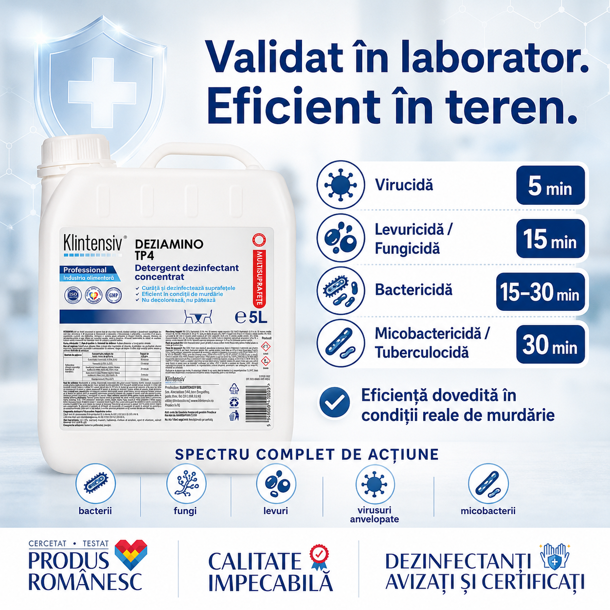 Eficacitate DEZIAMINO bactericid fungicid levuricid virucid micobactericid TP4