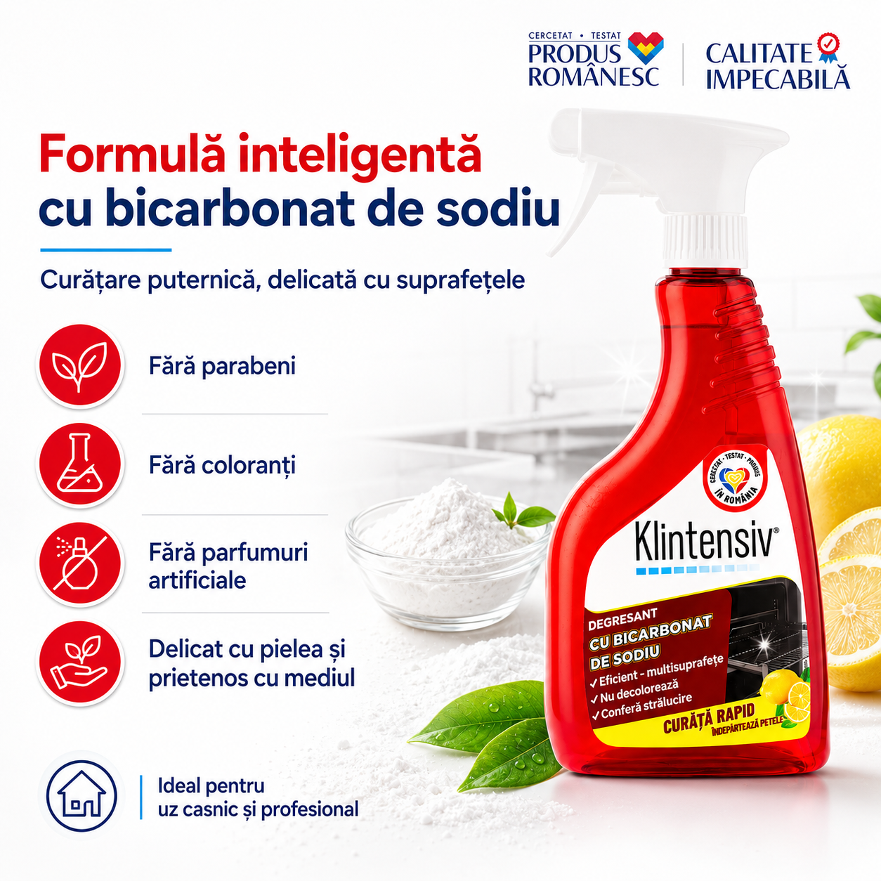 Klintensiv degresant cu bicarbonat de sodiu 500 ml pentru uz casnic și profesional