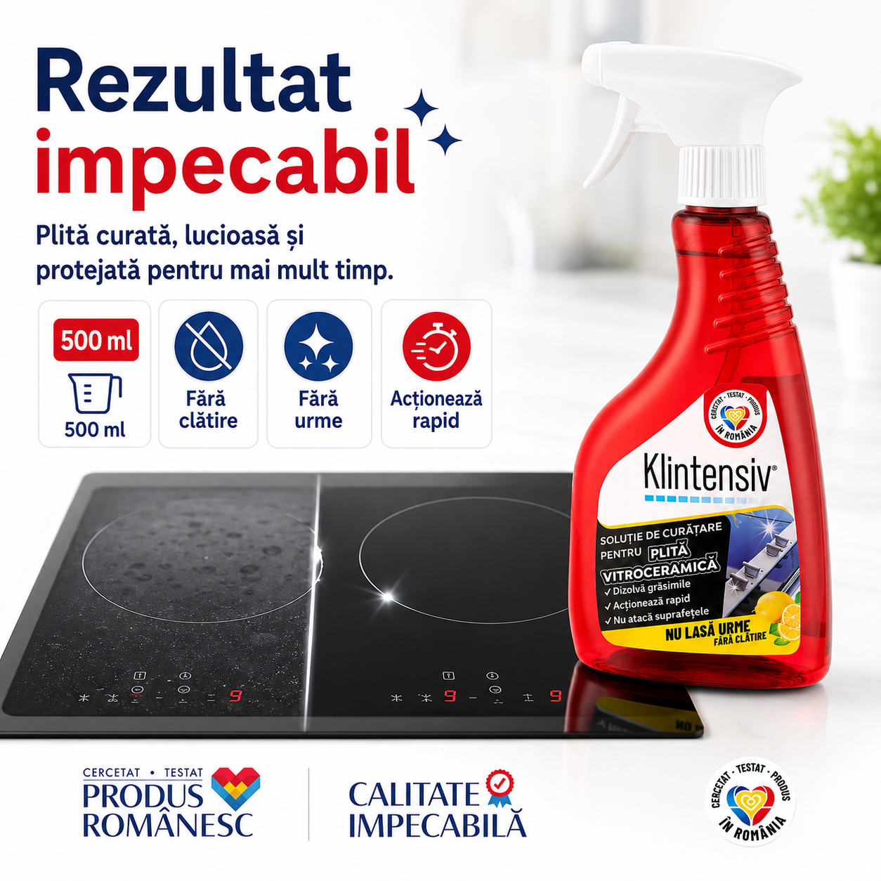 Soluție curățare plită Klintensiv 500 ml pentru suprafețe delicate fără urme și fără zgâriere