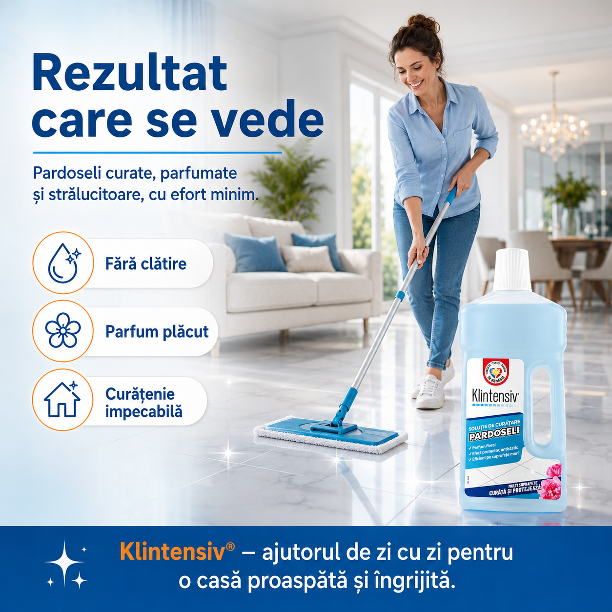 Soluție curățare pardoseli Klintensiv 1 litru și 5 litri detergent concentrat parfumat fără clătire