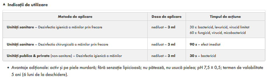 Tabel utilizare și performanță Klinsept A