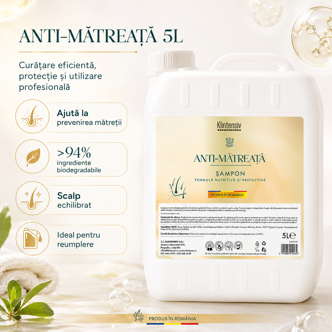 Șampon Klintensiv anti-mătreață peste 94 la sută ingrediente biodegradabile spumă fină și densă
