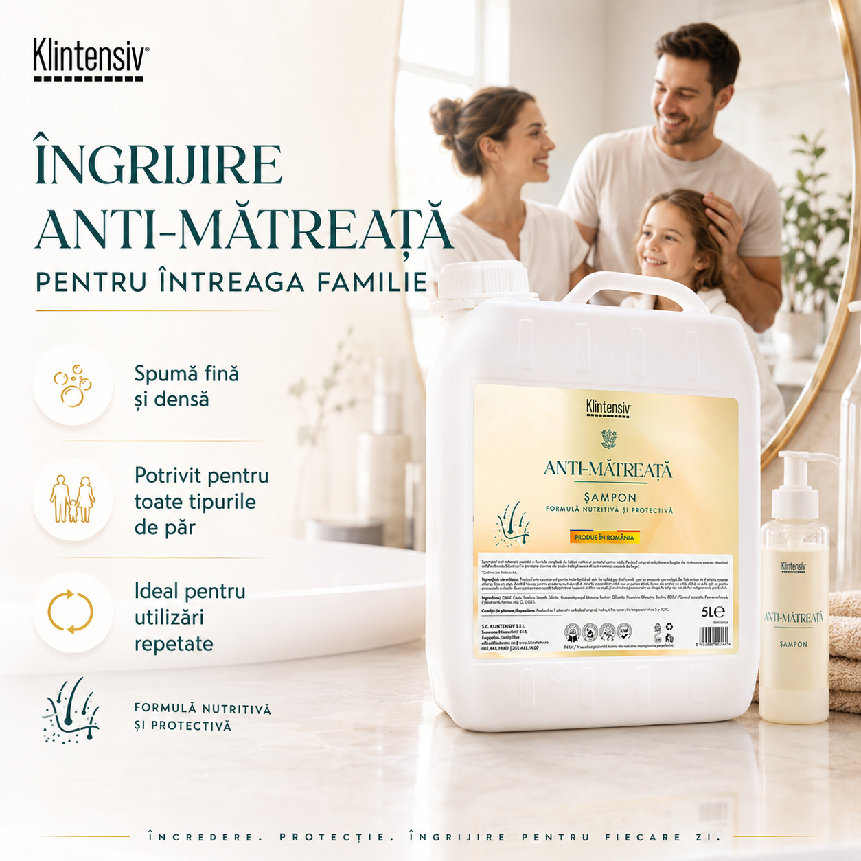 Șampon anti-mătreață Klintensiv flacon și bidon 5 litri pentru hoteluri saloane firme și reumplere