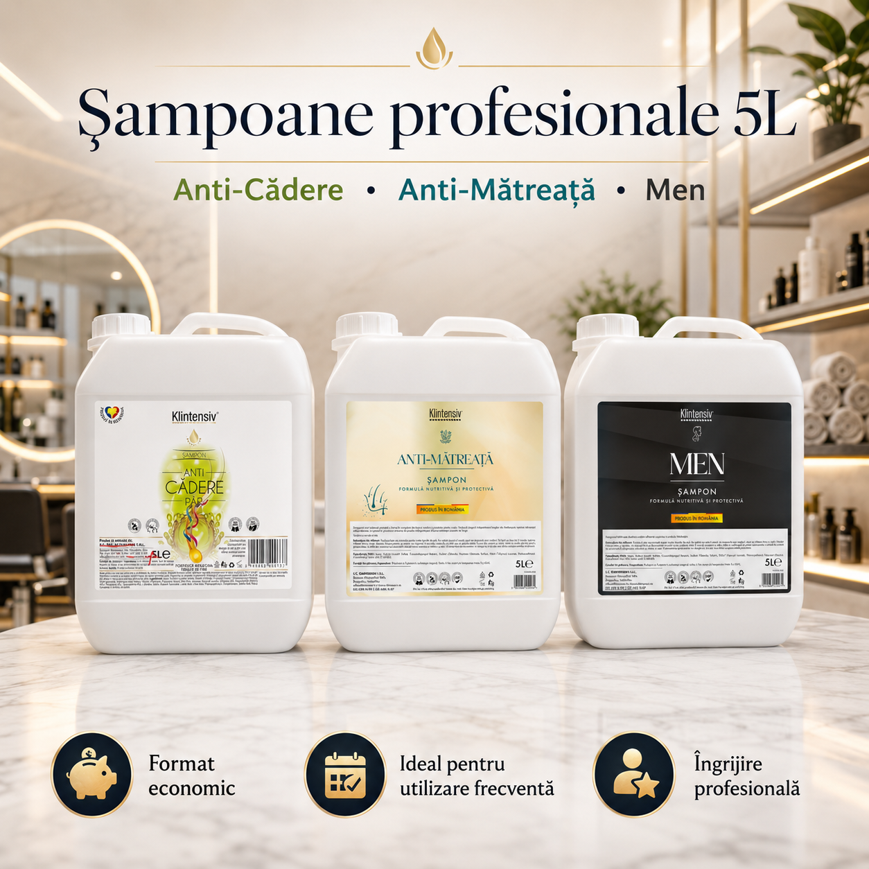 Șampon anti-cădere Klintensiv 400 ml și bidon 5 litri pentru saloane hoteluri firme și reumplere