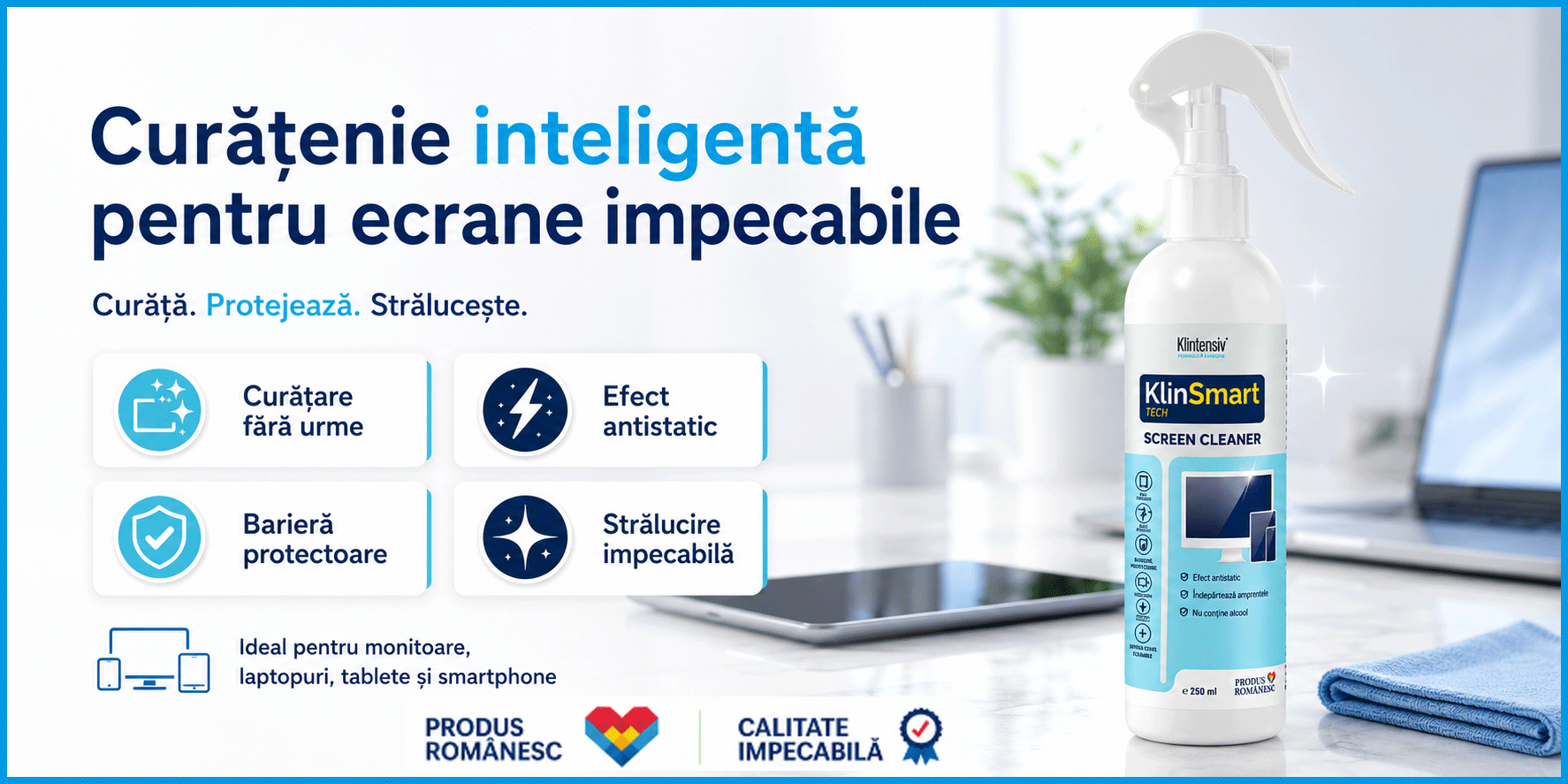 Soluție curățare ecrane Klintensiv KlinSmart Tech, efect antistatic, fără urme, protecție împotriva prafului și amprentelor, pentru monitor, laptop, tabletă, telefon, touchscreen, 250 ml, 4x Stickere