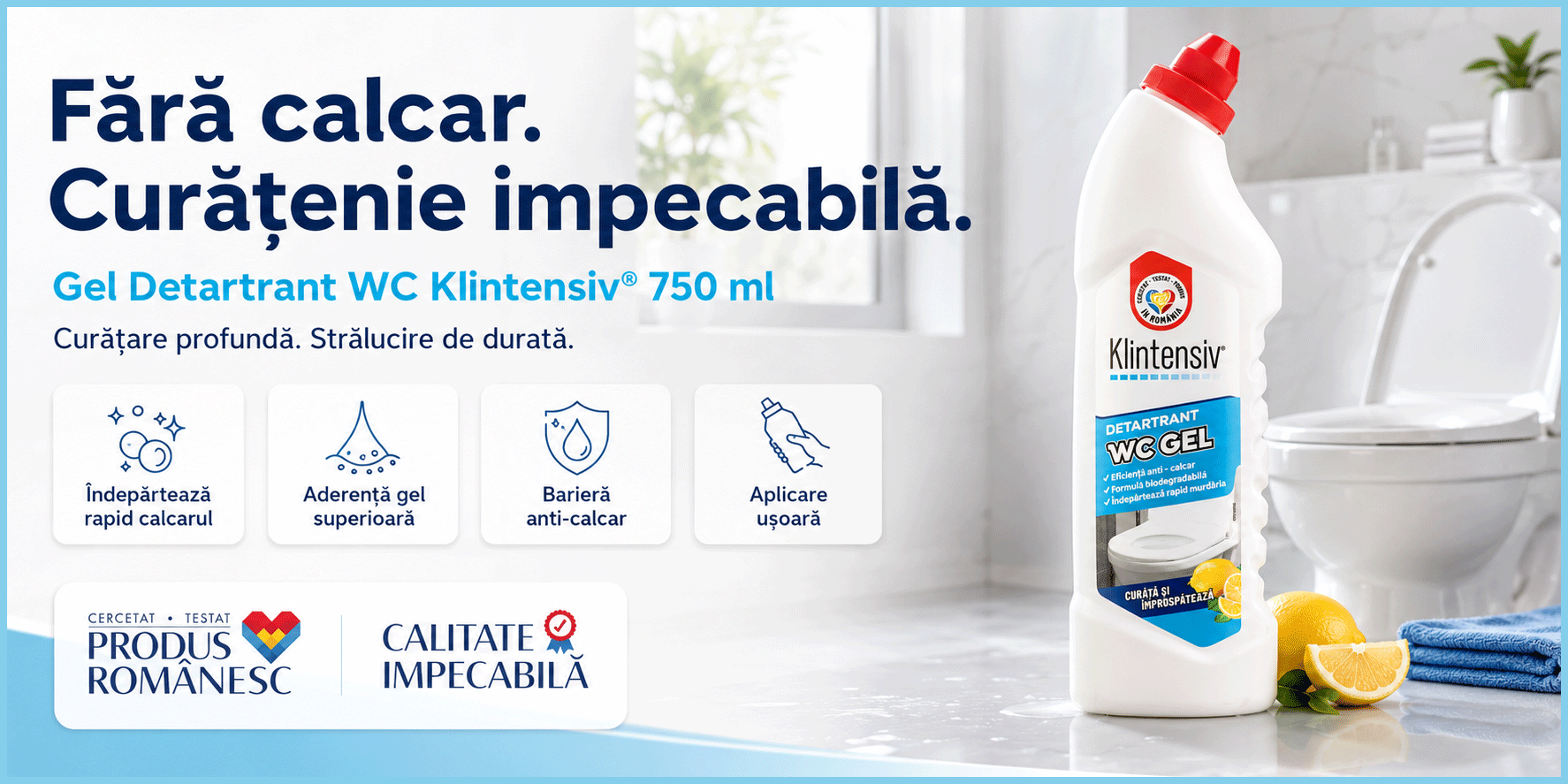 Gel detartrant WC și suprafețe ceramice Klintensiv, anticalcar profesional, textură gel, aderență pe suprafețe verticale, pentru baie, gresie, faianță, ceramică, cabine duș și inox rezistent, 750 ml, 4x Stickere