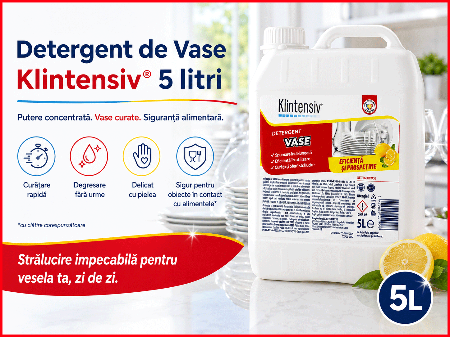 Detergent de vase Klintensiv, lichid concentrat pentru spălare manuală, degresare rapidă, eficient și în apă rece, pentru veselă, tacâmuri, pahare și ustensile, 5 L, 4x Stickere