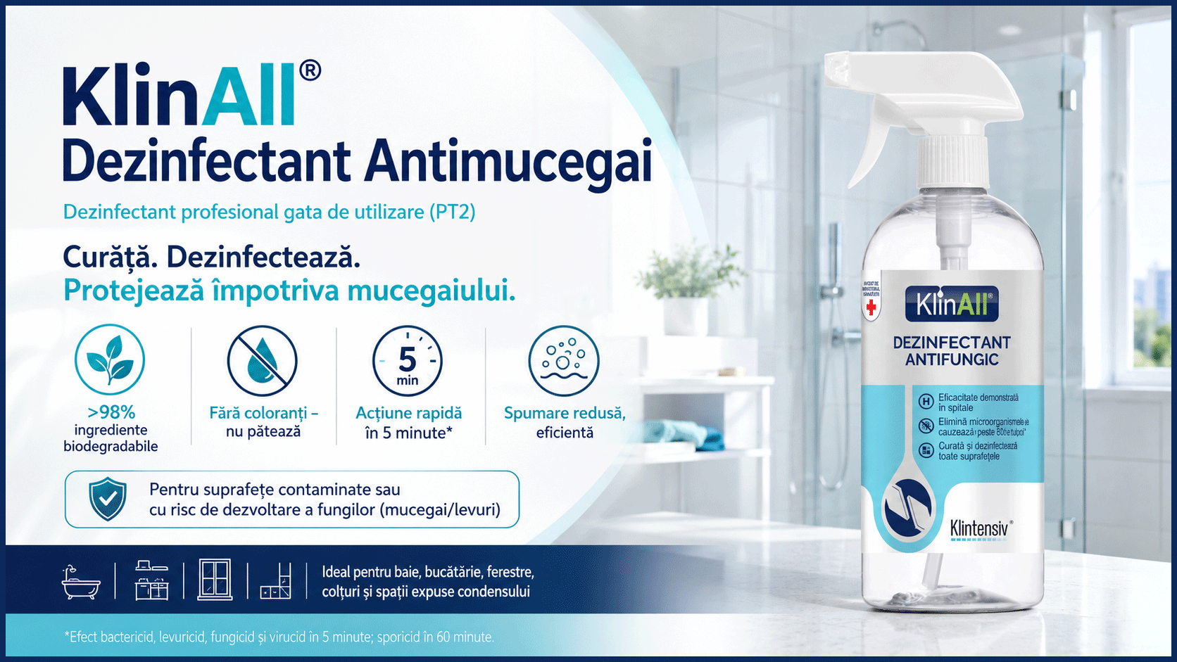 KlinAll Dezinfectant Antimucegai Klintensiv, soluție profesională PT2, bactericidă, fungicidă, levuricidă și virucidă &icirc;n 5 minute, pentru baie, bucătărie, faianță, gresie, sticlă, inox și plastic
