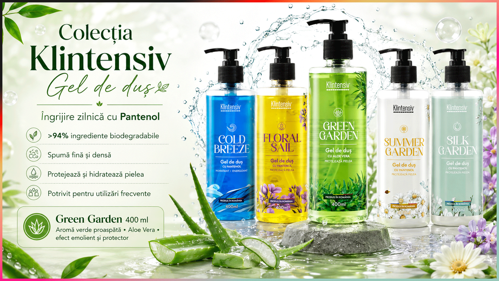 Gel de duș Klintensiv Silk Garden, aromă elegantă catifelată, spumă fină, efect emolient și protector, cu D-Panthenol, Zinc PCA și glicerină, peste 94% ingrediente biodegradabile
