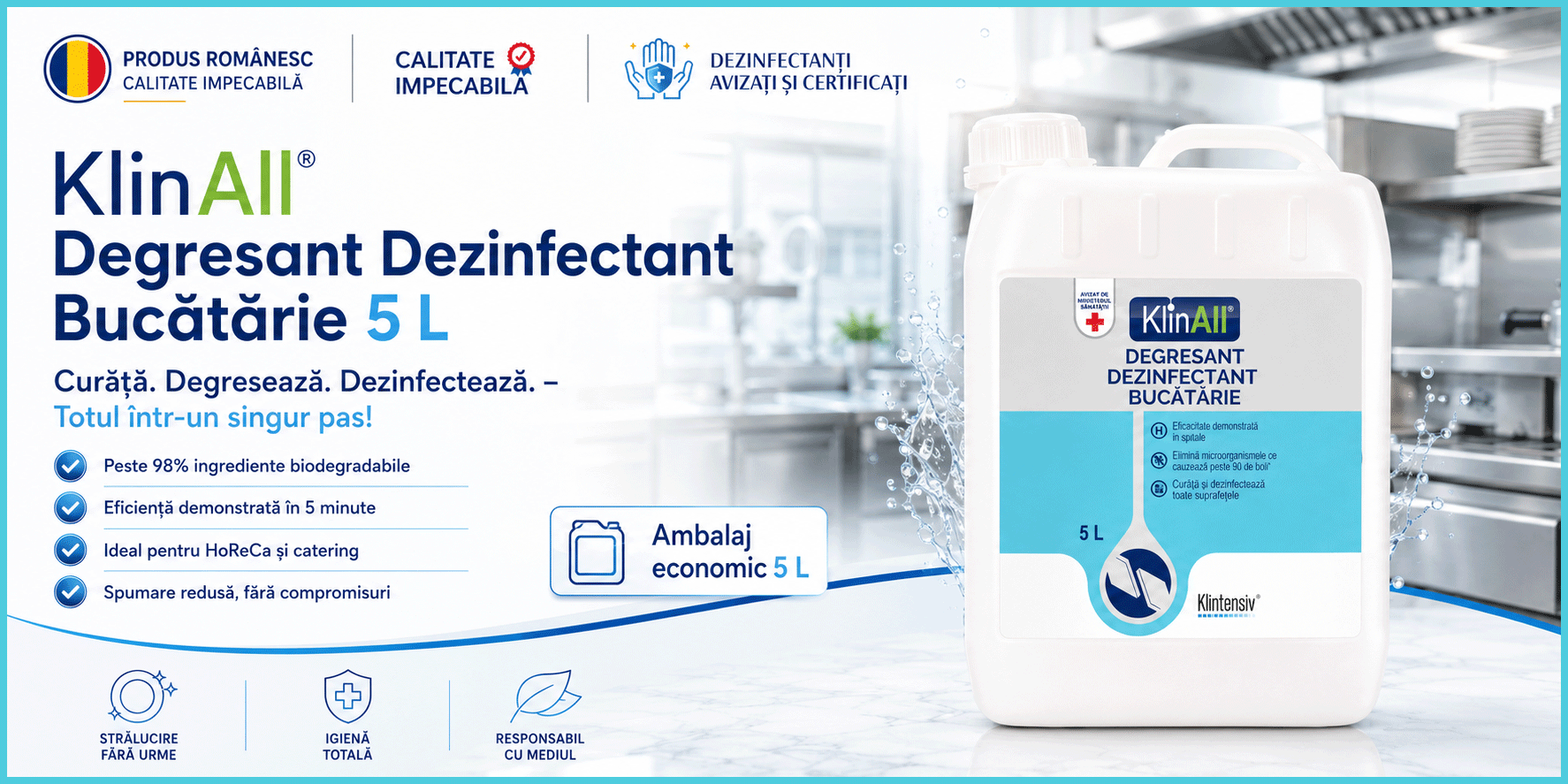 KlinAll Degresant Dezinfectant Bucătărie Klintensiv, curăță, degresează și dezinfectează &icirc;n 5 minute, biodegradabil peste 98%, pentru HoReCa și uz profesional, 1L , 4x Stickere