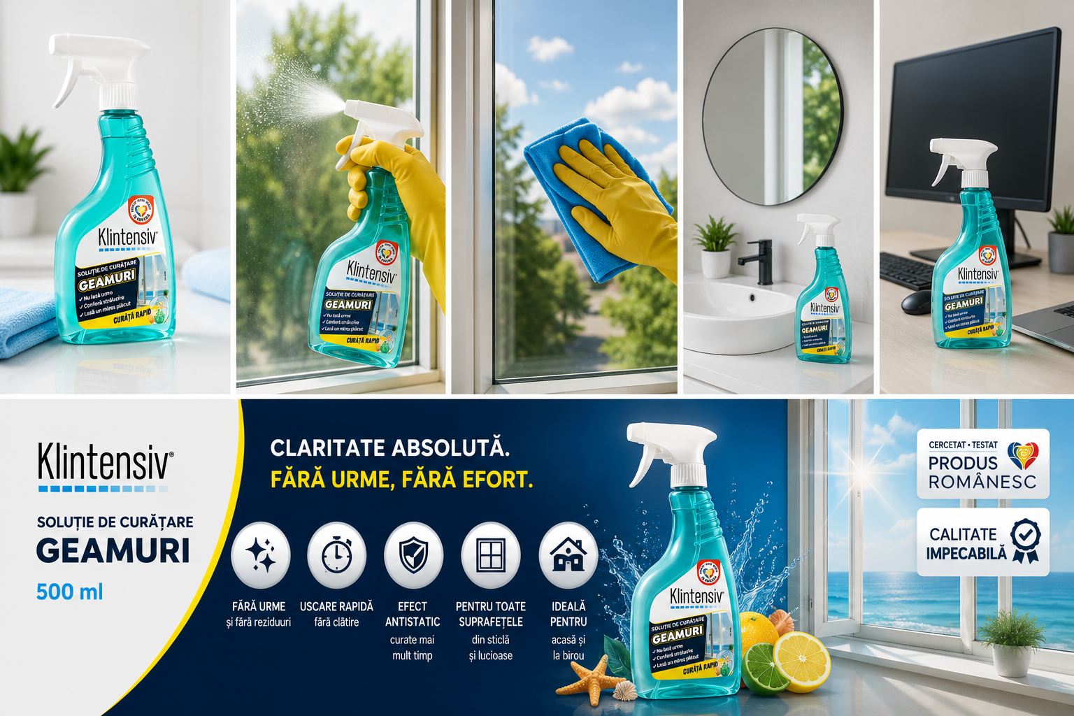 Soluție curățare geamuri Klintensiv spray profesional pentru sticlă oglinzi vitrine și suprafețe lucioase