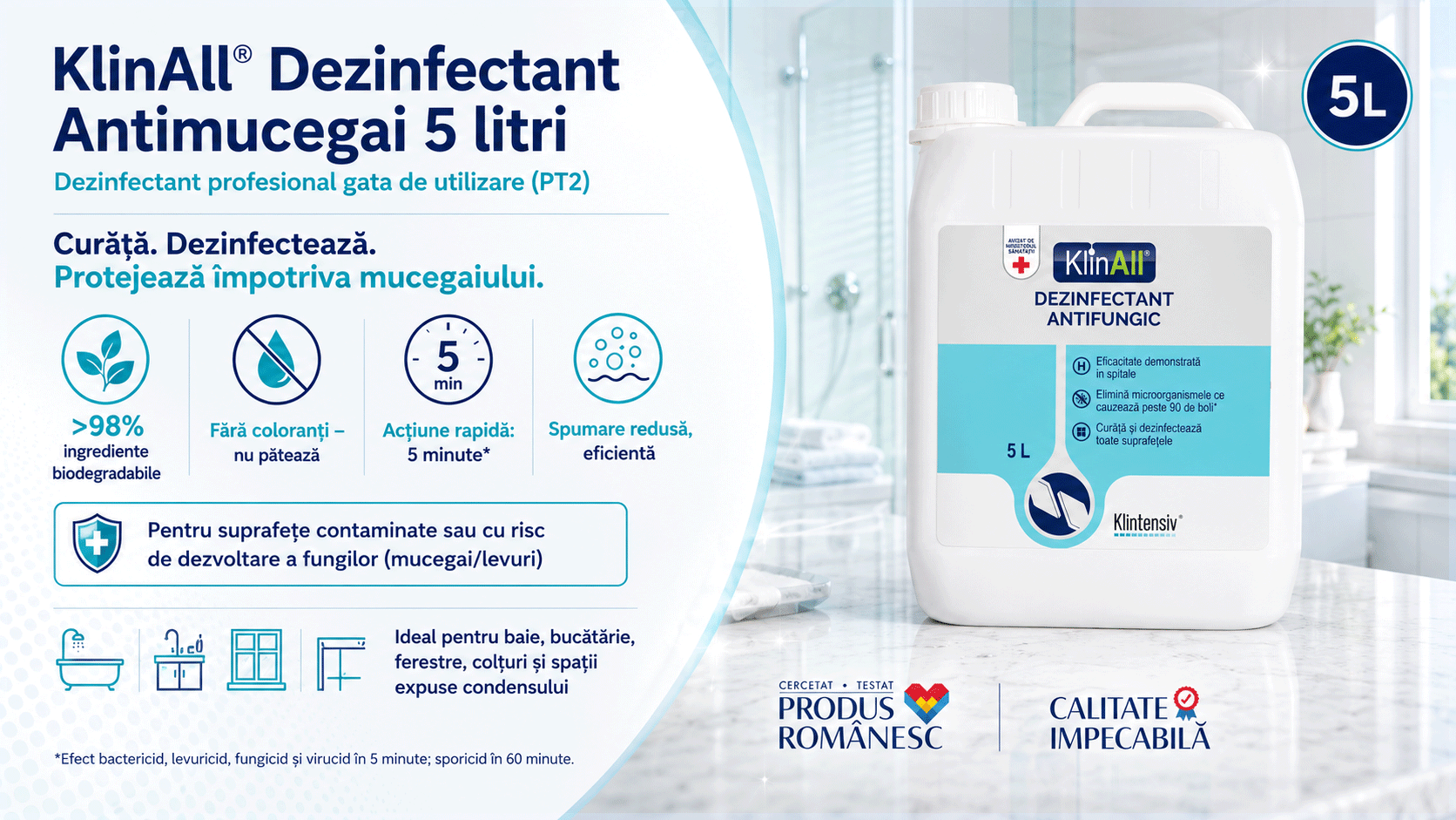 KlinAll Dezinfectant Antimucegai Klintensiv, soluție profesională PT2, bactericidă, fungicidă, levuricidă și virucidă în 5 minute, pentru baie, bucătărie, faianță, gresie, sticlă, inox și plastic