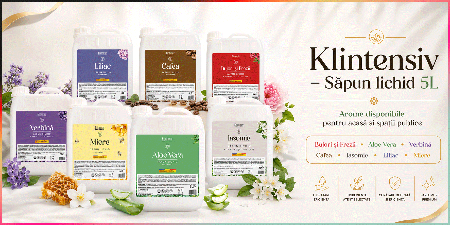 Săpun lichid Klintensiv, parfum aromat, spumă fină, efect emolient și protectiv, peste 94% ingrediente biodegradabile, pentru m&acirc;ini și tegumente, 4x Stickere