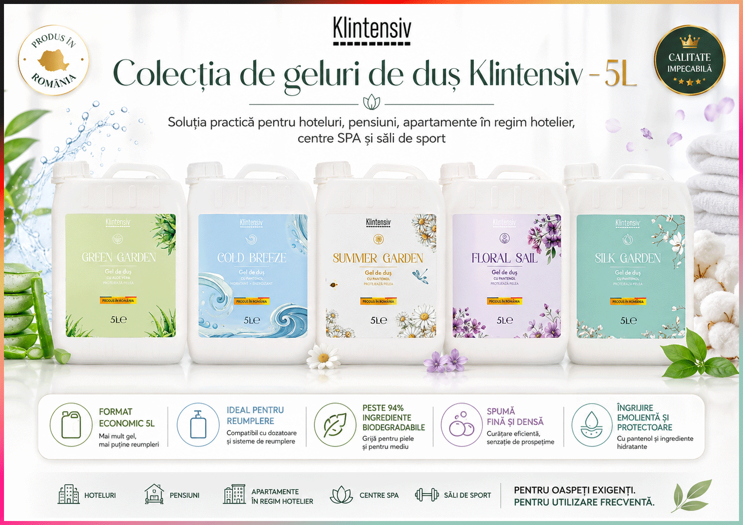 Gel de duș Klintensiv Silk Garden, aromă elegantă catifelată, spumă fină, efect emolient și protector, cu D-Panthenol, Zinc PCA și glicerină, peste 94% ingrediente biodegradabile