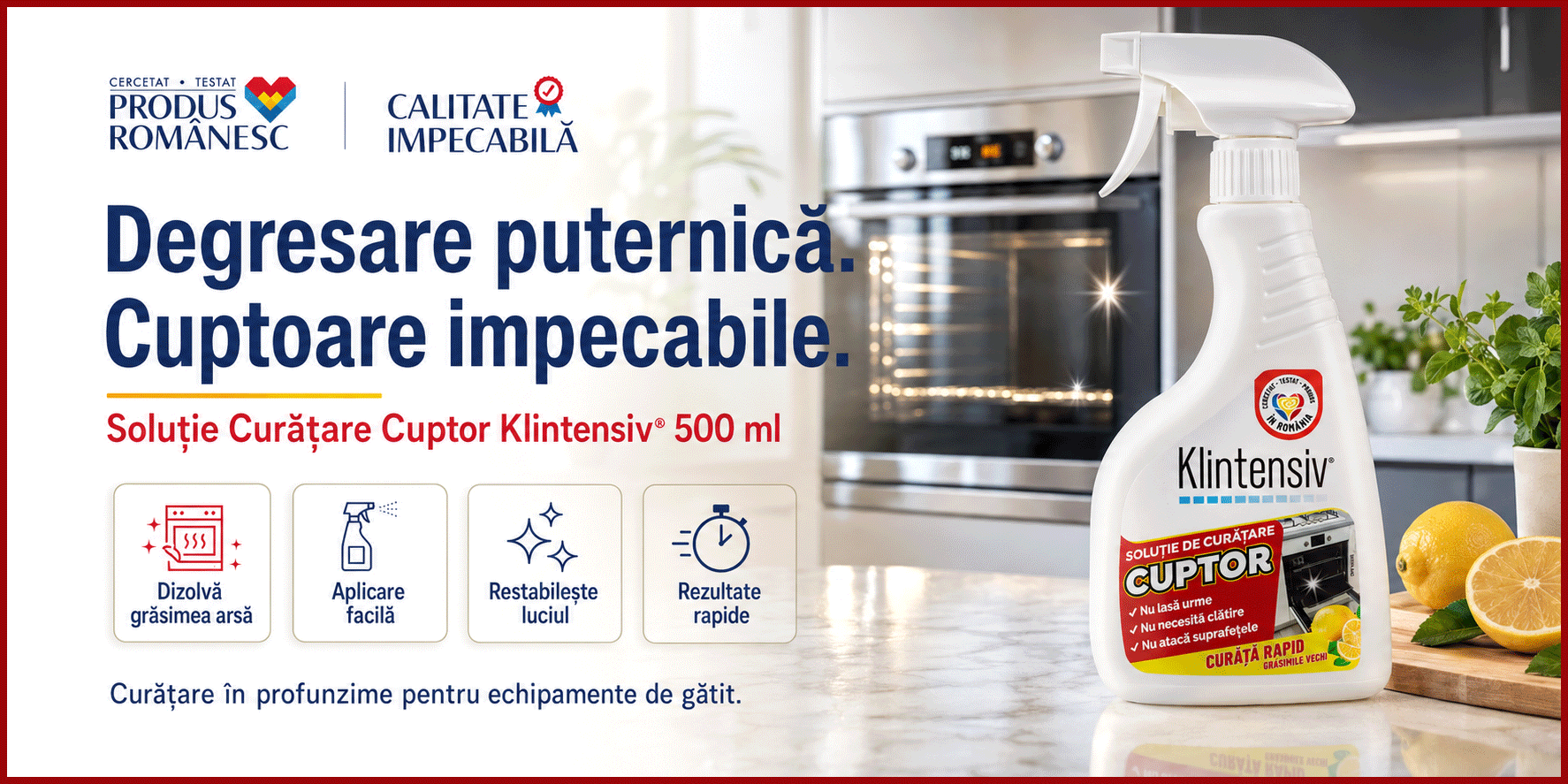 Soluție curățare cuptor Klintensiv, degresant profesional pentru grăsime arsă și depuneri carbonizate, pentru cuptoare, plite, tăvi, grătare și inox, 500 ml, 4x Stickere