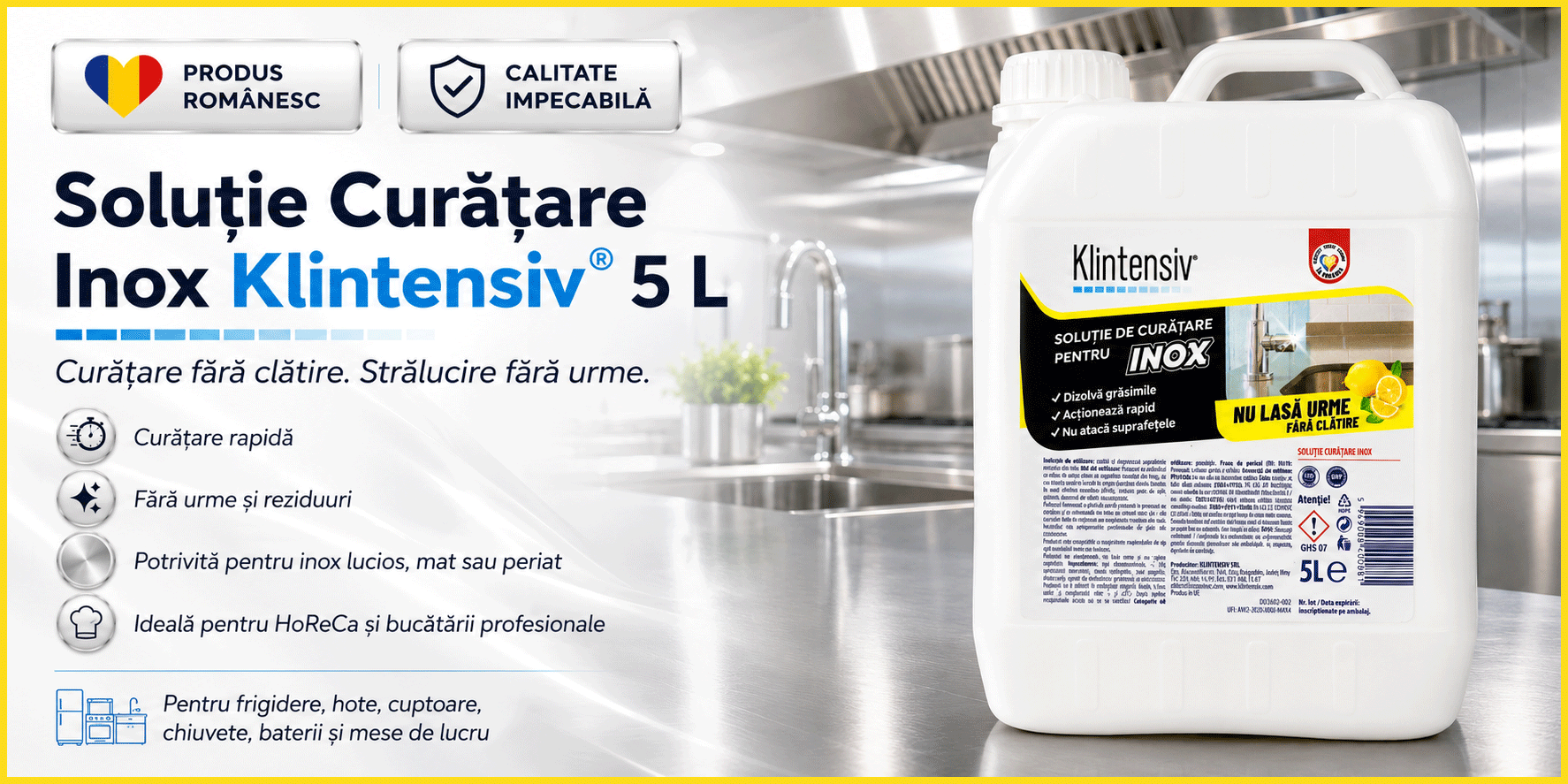 Soluție curățare inox Klintensiv, fără clătire, pentru inox lucios, mat și periat, &icirc;ndepărtează grăsimea, murdăria și amprentele, finisaj fără urme, 5 L, 4x Stickere