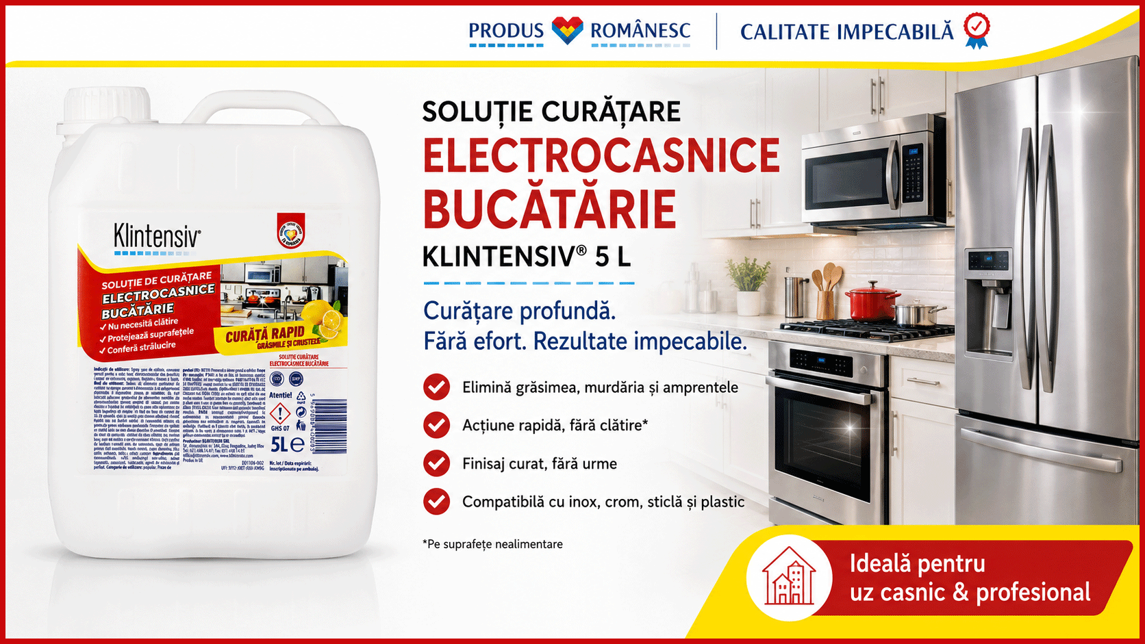Soluție curățare electrocasnice Klintensiv, spray profesional pentru grăsime, pete și amprente, fără urme, pentru frigider, hotă, plită, cuptor, inox, crom, sticlă și plastic, 5 L, 4x Stickere