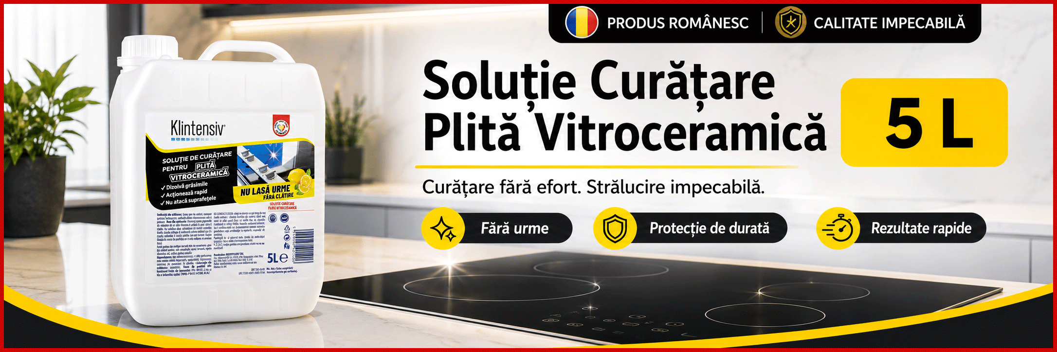 Soluție curățare plită vitroceramică Klintensiv, pentru plite cu inducție și sticlă ceramică, îndepărtează grăsimea arsă și petele persistente, finisaj fără urme, protecție împotriva depunerilor, 5 L, 4x Stickere