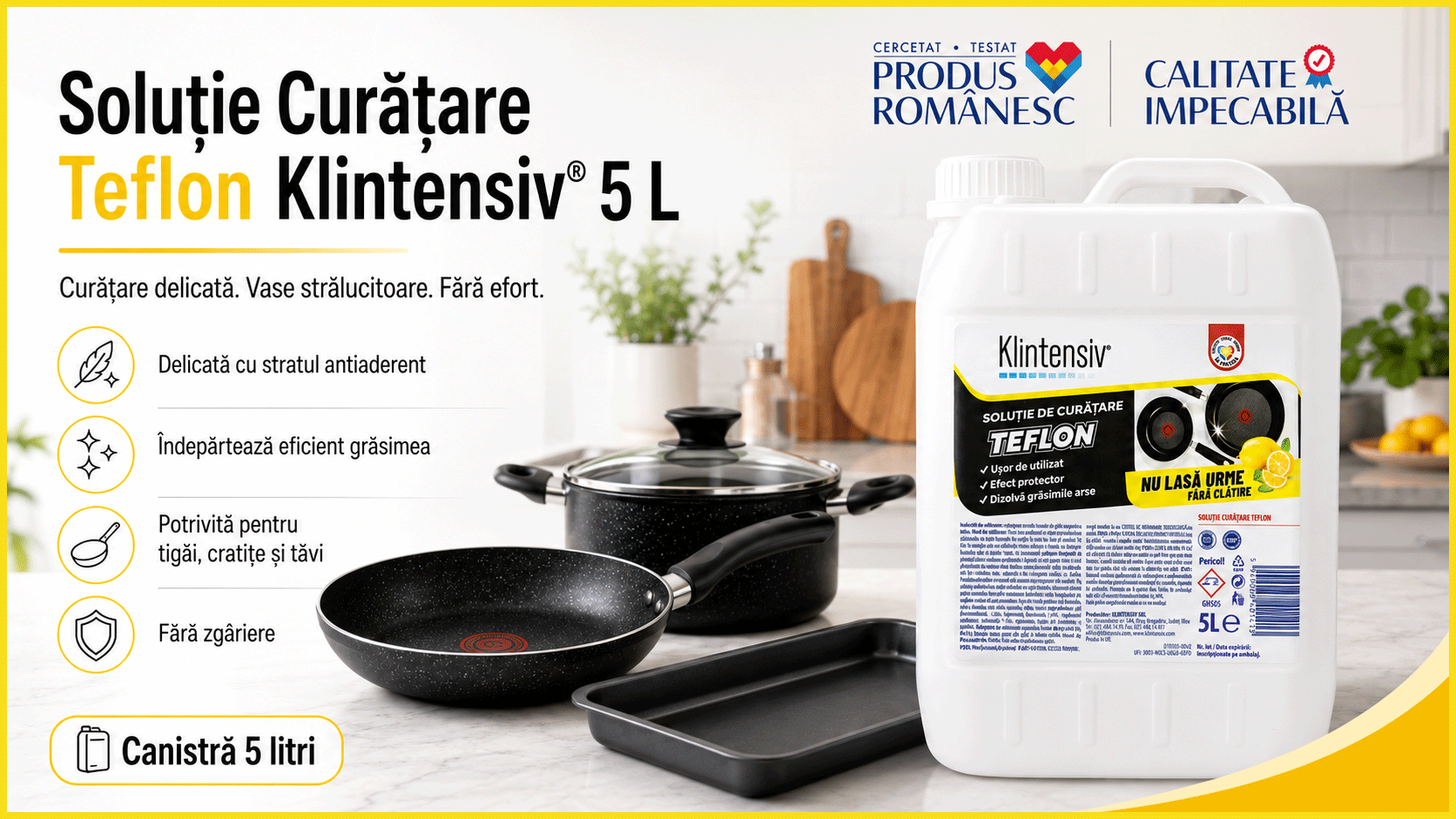 Soluție curățare teflon Klintensiv, pentru vase antiaderente, tigăi, cratițe și tăvi, curățare delicată fără zgâriere, îndepărtează grăsimea și resturile alimentare, 5 L, 4x Stickere