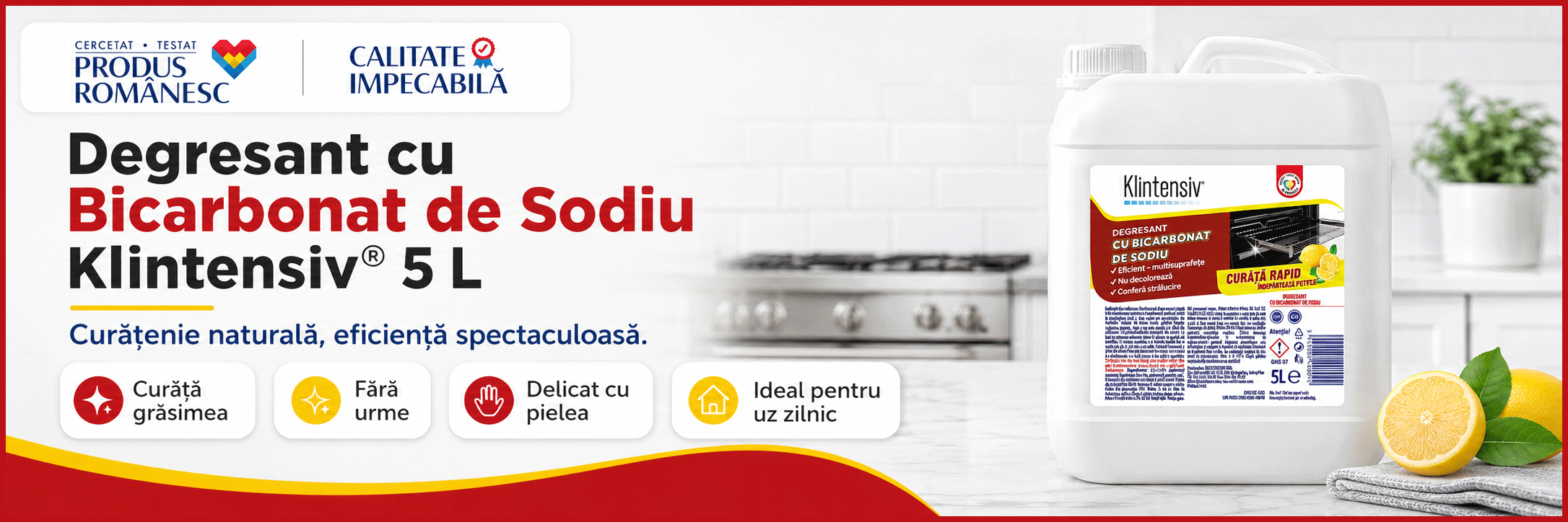 Degresant cu bicarbonat de sodiu Klintensiv, soluție profesională pentru grăsime arsă, pete și murdărie persistentă, fără parabeni, coloranți sau parfumuri artificiale, pentru bucătărie și suprafețe lavabile, 5 L, 4x Stickere