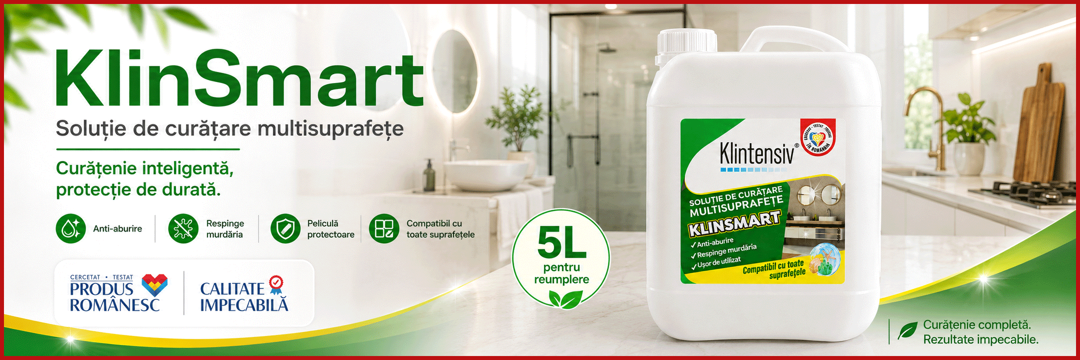 Soluție profesională de curățare Klintensiv KlinSmart, efect remanent, peliculă protectoare, anticalcar, degresant, antiaburire, baie și bucătărie, 5 L, pulverizator, 4x Stickere