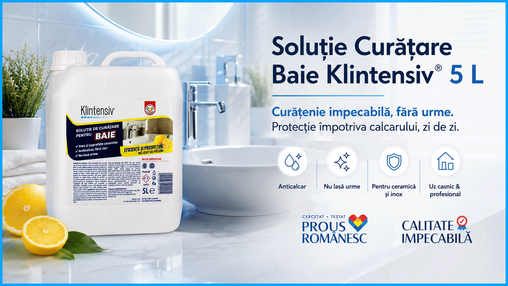 Soluție curățare baie Klintensiv, anticalcar, &icirc;ndepărtează urme de apă și murdărie, protecție &icirc;mpotriva redepunerilor, pentru gresie, faianță, ceramică, cabine duș, baterii sanitare, 5 L, 4x Stickere