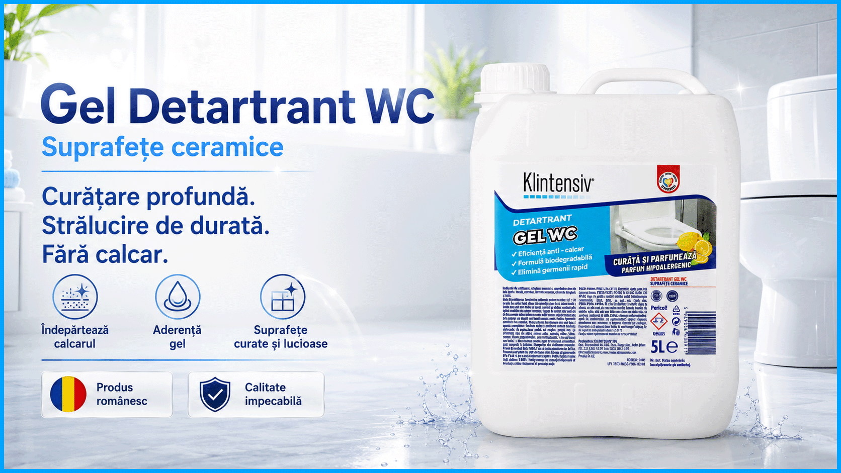 Gel detartrant WC și suprafețe ceramice Klintensiv, anticalcar profesional, textură gel, aderență pe suprafețe verticale, pentru baie, gresie, faianță, ceramică, cabine duș și inox rezistent, 5 L, 4x Stickere