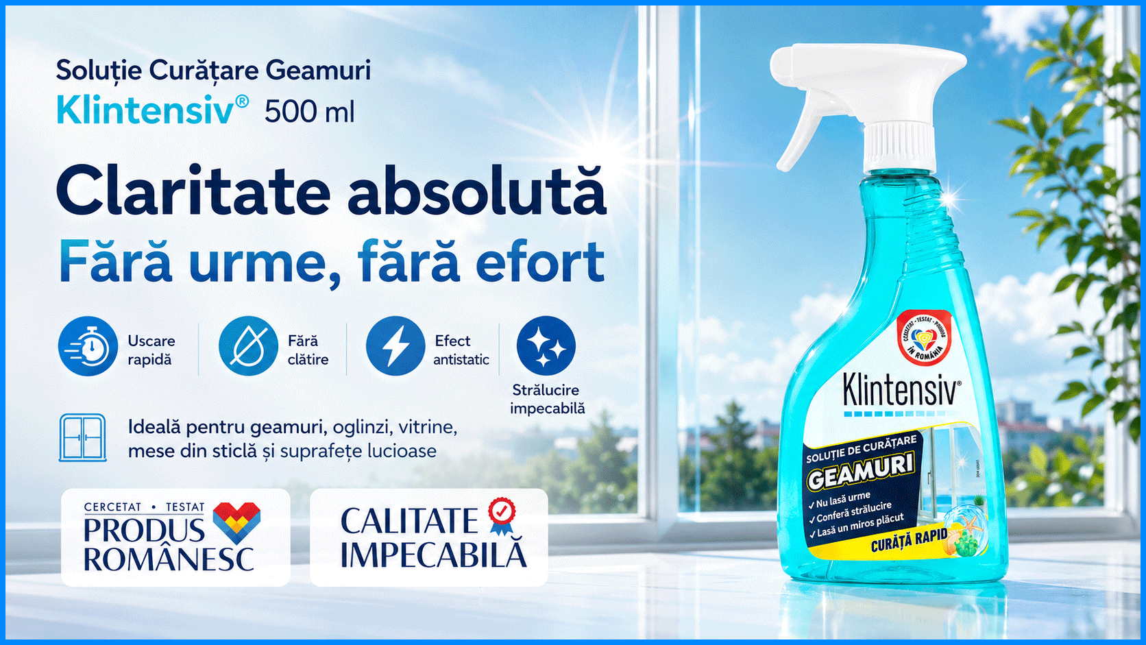 Soluție curățare geamuri Klintensiv spray profesional pentru sticlă oglinzi vitrine și suprafețe lucioase