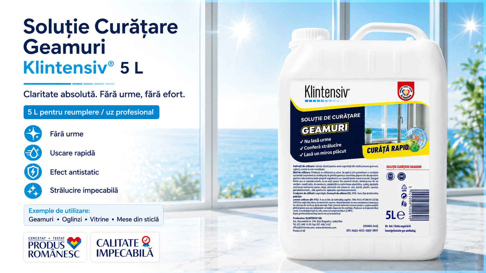Soluție curățare geamuri Klintensiv, spray profesional pentru sticlă, oglinzi, vitrine și suprafețe lucioase, uscare rapidă, efect antistatic, fără urme, 5 L, 4x Stickere