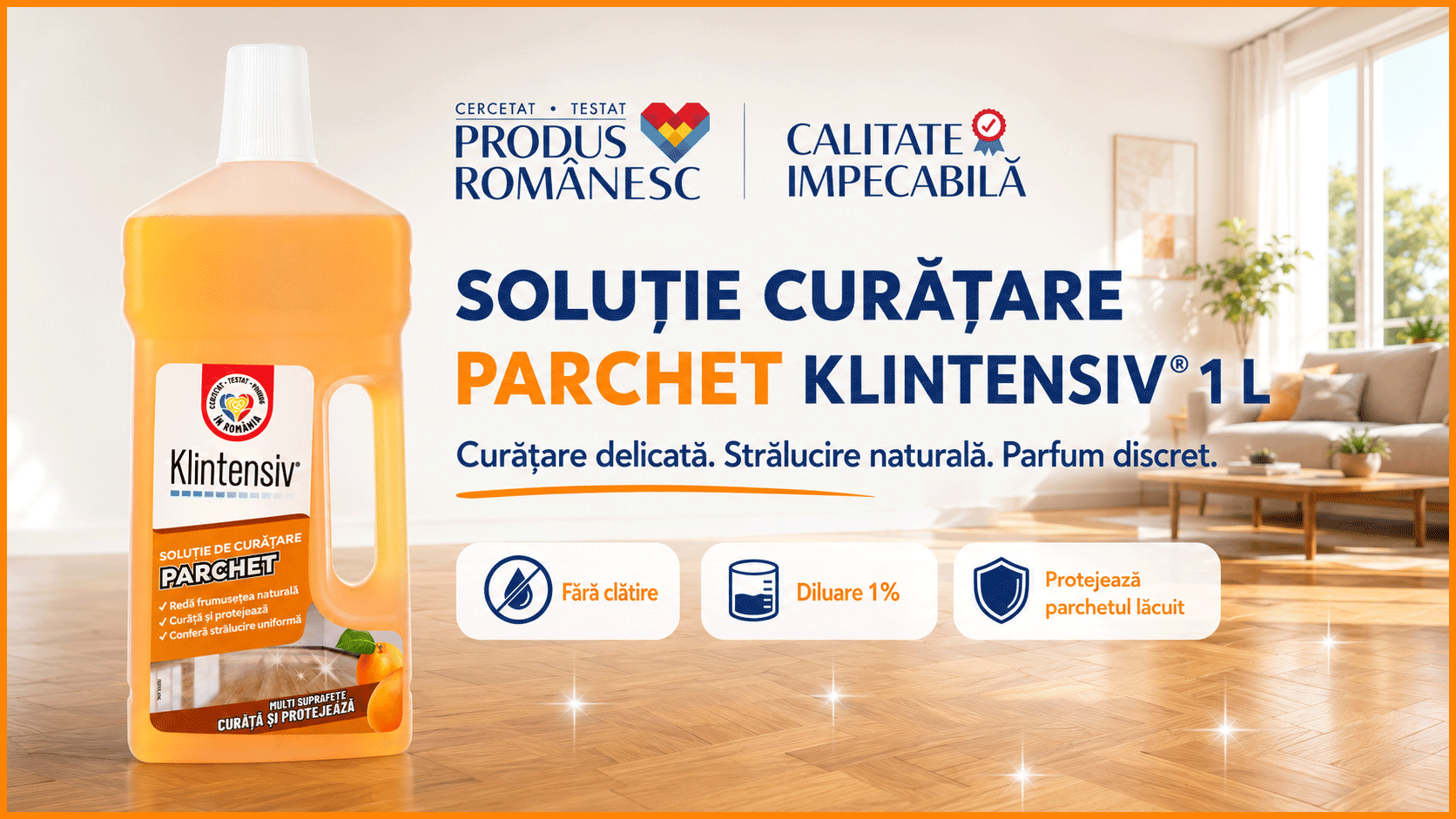 Soluție curățare parchet Klintensiv, detergent profesional pentru parchet lăcuit, protejează și redă strălucirea naturală, fără clătire, diluție 1%, parfum discret, 1 L, 4x Stickere
