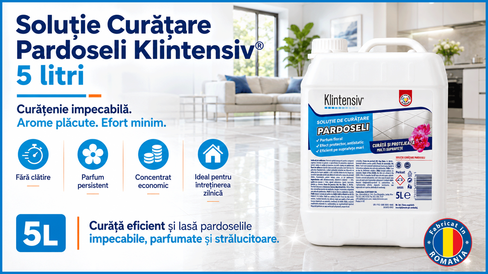 Soluție curățare pardoseli Klintensiv, detergent profesional concentrat, parfum persistent, fără clătire, pentru pardoseli lavabile, ceramică, piatră naturală, PVC și spații comerciale, 5 L, 4x Stickere
