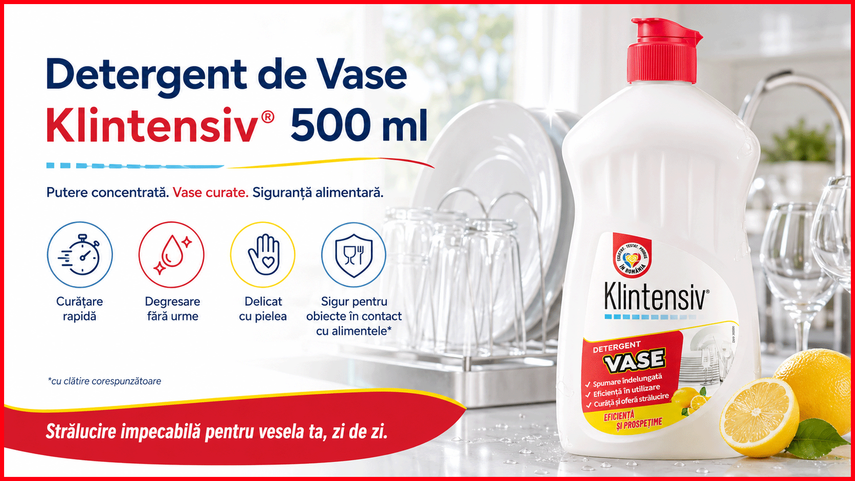 Detergent de vase Klintensiv, lichid concentrat pentru spălare manuală, degresare rapidă, eficient și &icirc;n apă rece, pentru veselă, tac&acirc;muri, pahare și ustensile, 500 ml, 4x Stickere
