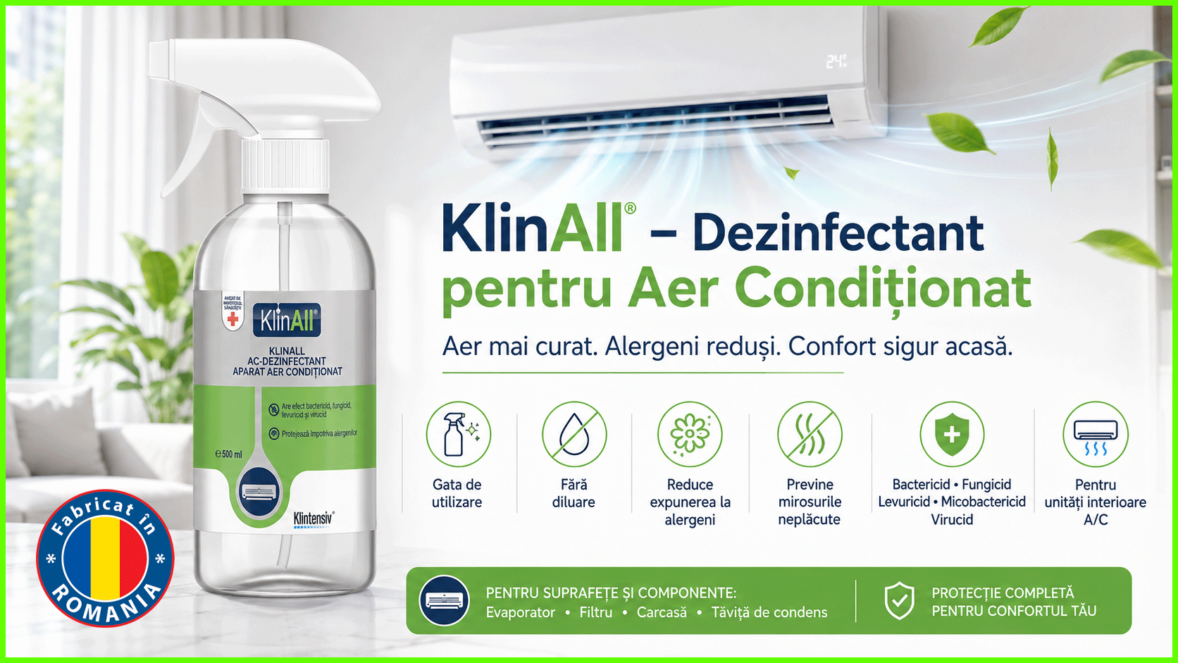 KlinAll Dezinfectant pentru Aer Condiționat Klintensiv, soluție gata de utilizare, bactericidă, fungicidă, levuricidă, micobactericidă și virucidă, pentru unități interioare A/C, 500 ml