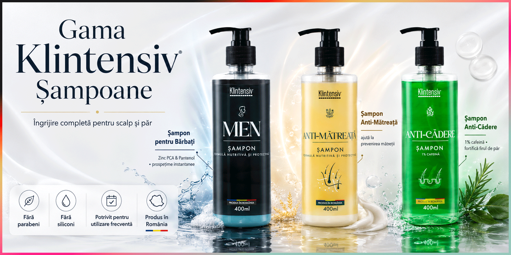 Șampon anti-cădere Klintensiv, cu Caffeine, Niacinamide, Zinc PCA și D-Panthenol, fortificare păr și &icirc;ngrijire scalp, peste 94% ingrediente biodegradabile, produs rom&acirc;nesc, 400 ml