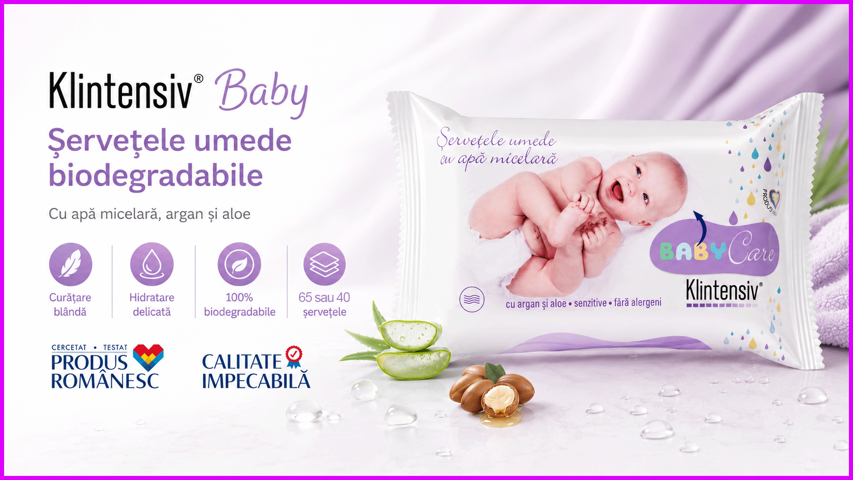 Klintensiv Baby șervețele umede biodegradabile, cu apă micelară, argan și aloe, pentru pielea delicată a copiilor, efect emolient și protector, testate dermatologic, fabricate &icirc;n Rom&acirc;nia