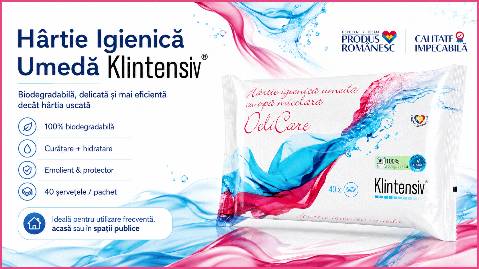 H&acirc;rtie Igienică Umedă Klintensiv, biodegradabilă 100%, cu apă micelară, argan și acid lactic, pentru igienă intimă și curățare delicată, 40 șervețele