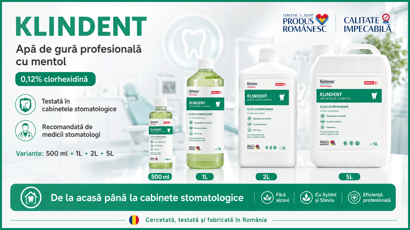 Apă de gură KLINDENT fără alcool, cu clorhexidină 0,12%, xylitol, stevia și mentol, igienă orală profesională, produs rom&acirc;nesc testat &icirc;n cabinete stomatologice