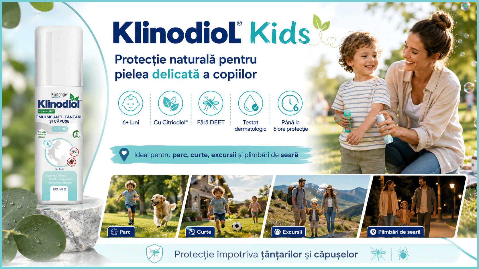 Spray repelent copii KlinodioL Kids, anti ț&acirc;nțari și căpușe, formulă naturală cu Citriodiol 5%, fără DEET, protecție p&acirc;nă la 6 ore, pentru copii peste 6 luni, aviz biocid, 4x Stickere