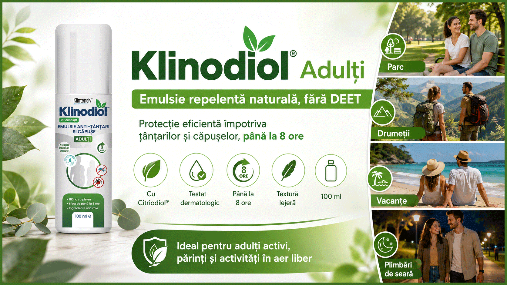 Spray repelent adulți Klinodiol, anti ț&acirc;nțari și căpușe, emulsie naturală fără DEET, cu Citriodiol 9,9%, protecție p&acirc;nă la 8 ore, testat dermatologic, aviz biocid, 100 ml
