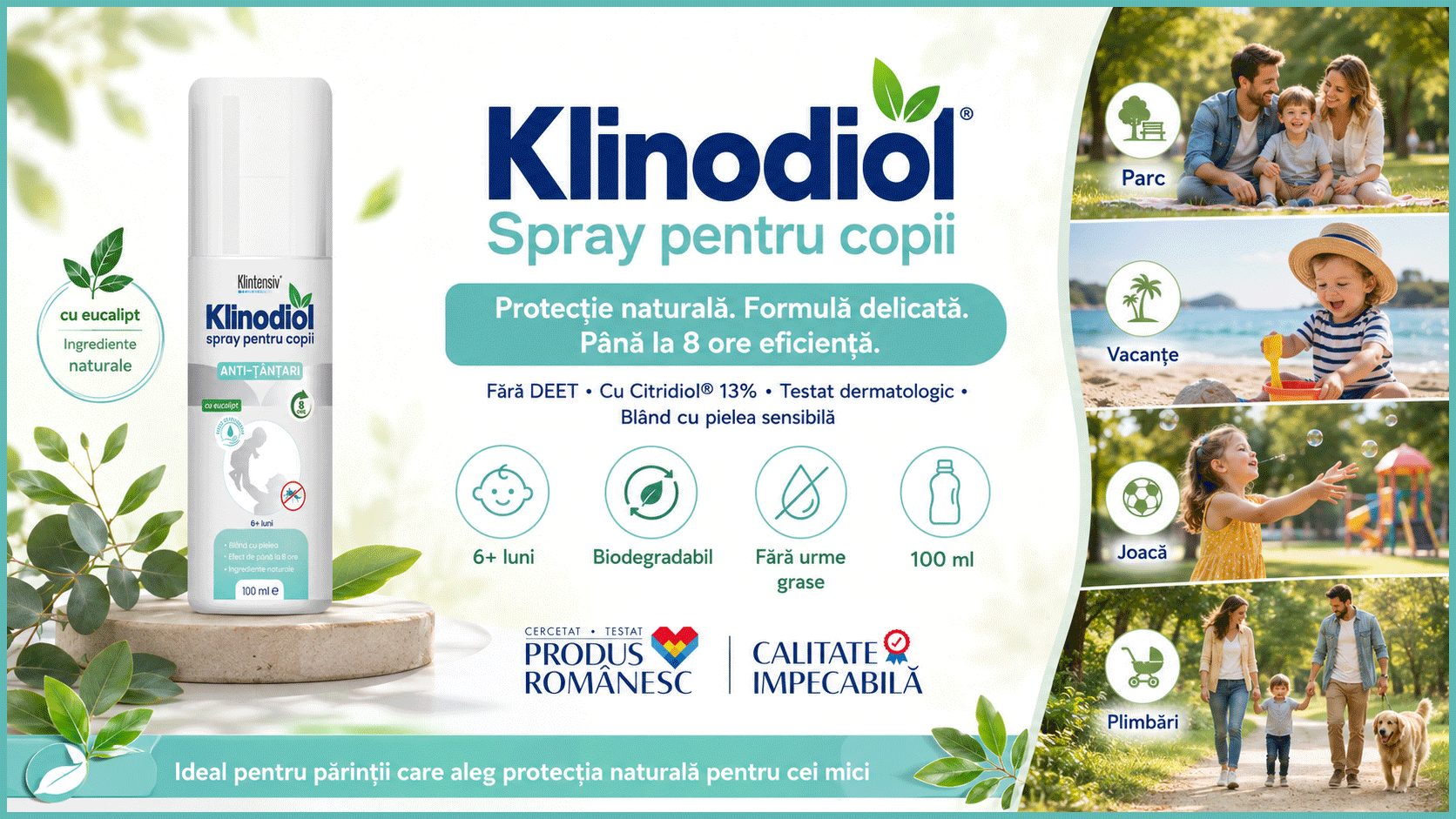 Spray repelent copii Klinodiol, anti țânțari, fără DEET, cu Citridiol 13%, protecție până la 8 ore, pH neutru, testat dermatologic, biodegradabil, 100 ml, 4x Stickere
