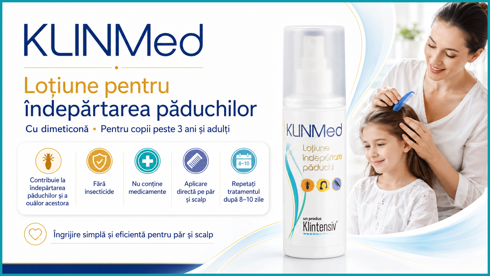 Loțiune antipăduchi KLINMed cu dimeticonă, pentru păduchi de cap și ouă/lindini, fără insecticide sau medicamente, pentru copii peste 3 ani și adulți