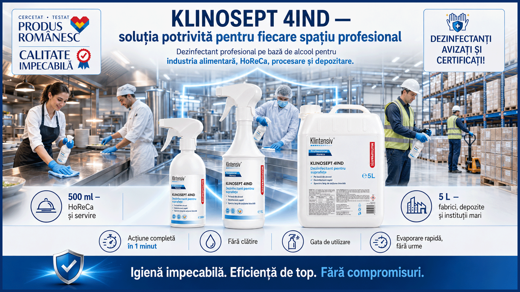 Banner Klinosept 4Ind dezinfectant profesional pe bază de alcool pentru industria alimentară