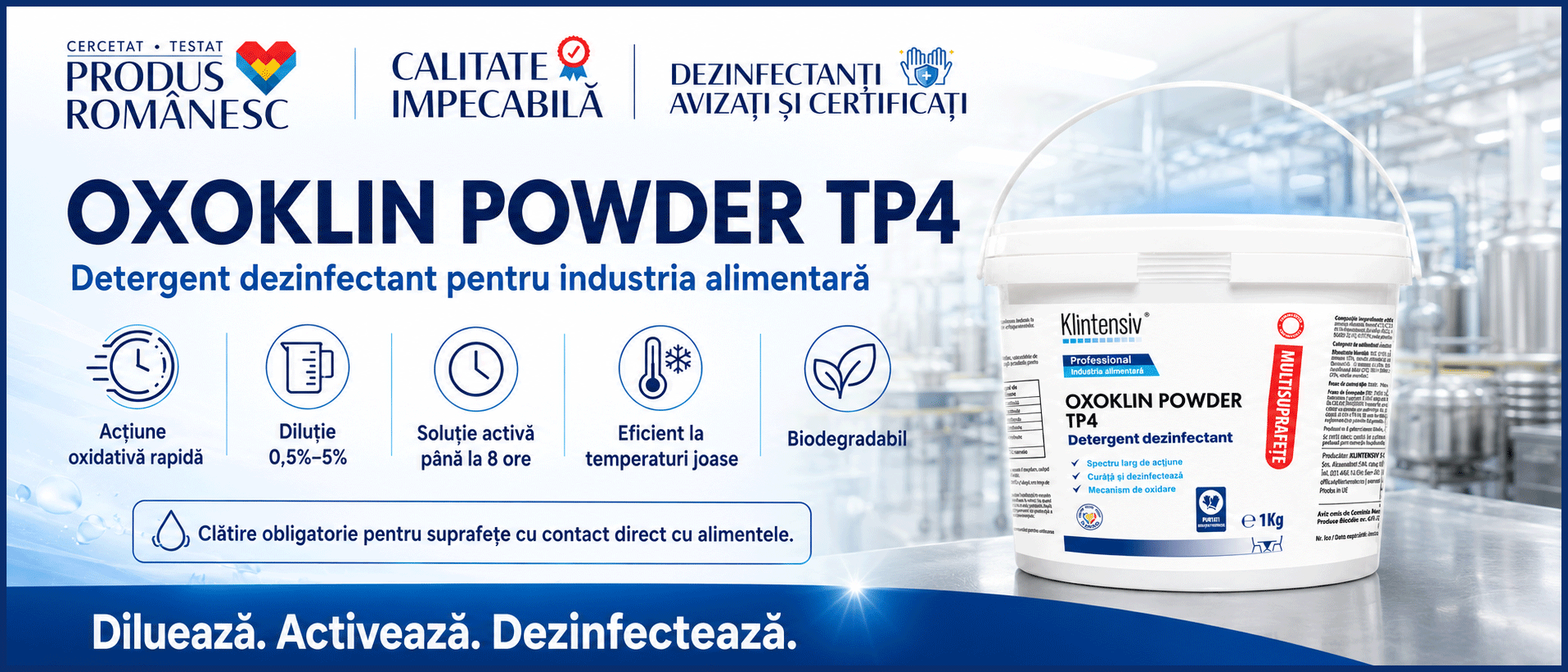 Banner Oxoklin Powder dezinfectant pulbere TP4 pentru industria alimentară