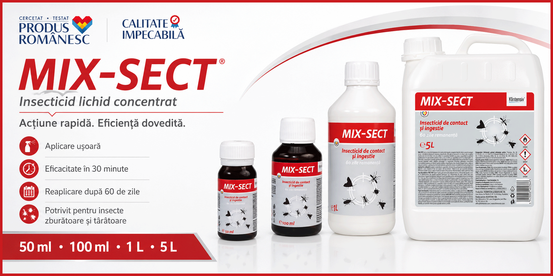 Insecticid concentrat MIX-SECT, pentru insecte zburătoare și t&acirc;r&acirc;toare, muște, ț&acirc;nțari, furnici, g&acirc;ndaci, căpușe și ploșnițe, acțiune rapidă