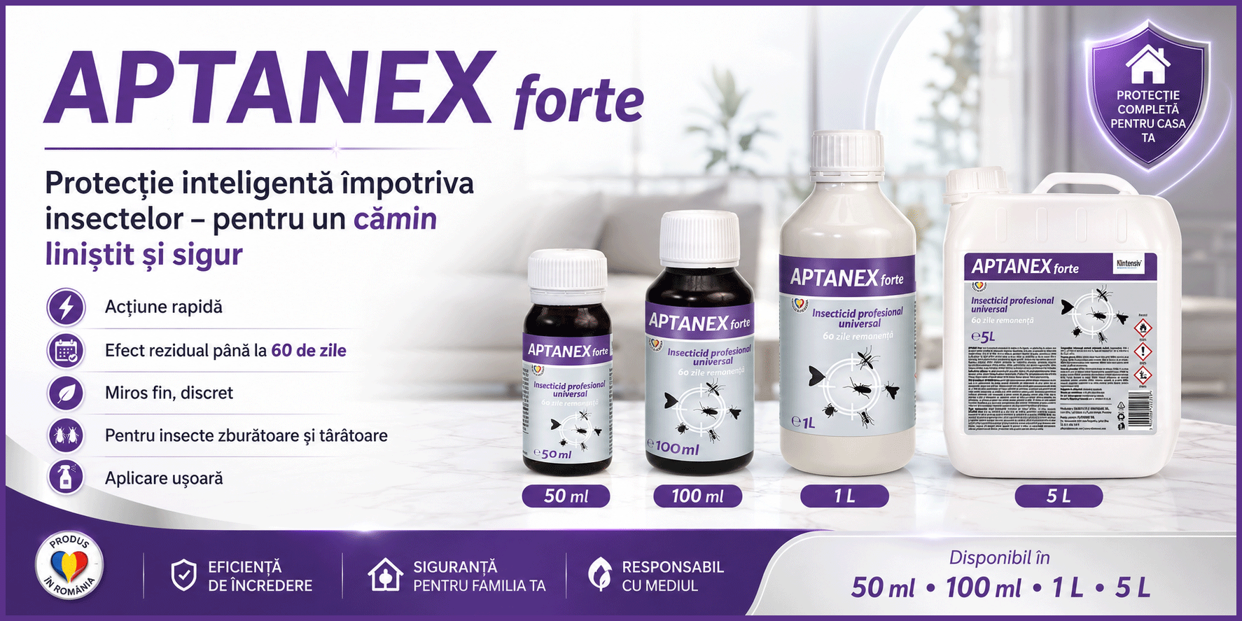 Insecticid concentrat APTANEX, pentru insecte zburătoare și t&acirc;r&acirc;toare, g&acirc;ndaci, ploșnițe, purici, muște, ț&acirc;nțari, furnici și căpușe, efect rezidual p&acirc;nă la 60 zile